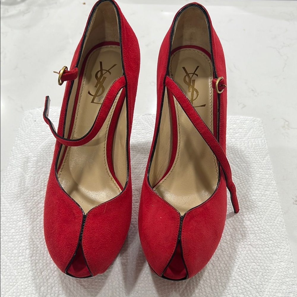 Yves Saint Laurent Red Heels with Peep-Toe and Mary Jane Strap